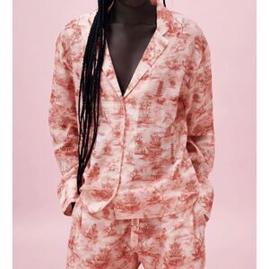 Zara‎ Pajama Top Size 8 Button Up 100% Cotton Long Sleeve Pink Japanese Print